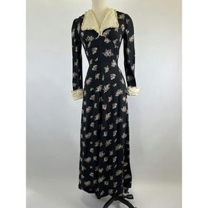 Vintage 70s Black Floral Collared along‎ Sleeve Maxi Dress